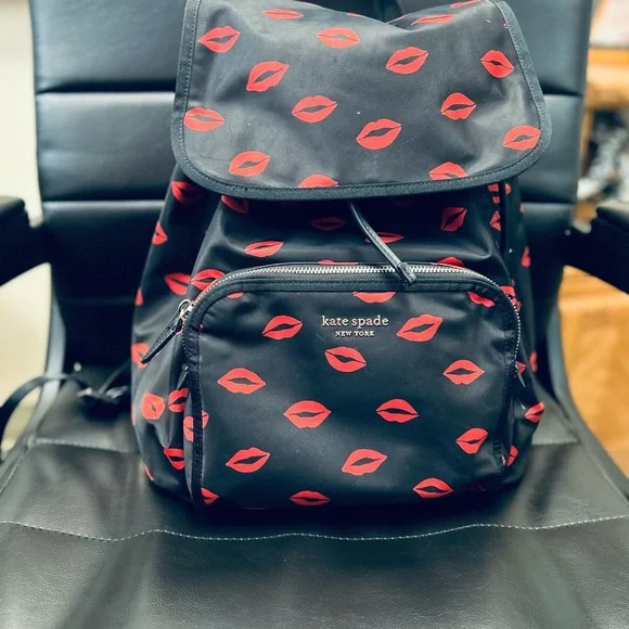 "SOLD" - Kate Spade Black and Red Lip Print Backpack - Picture 6 of 6